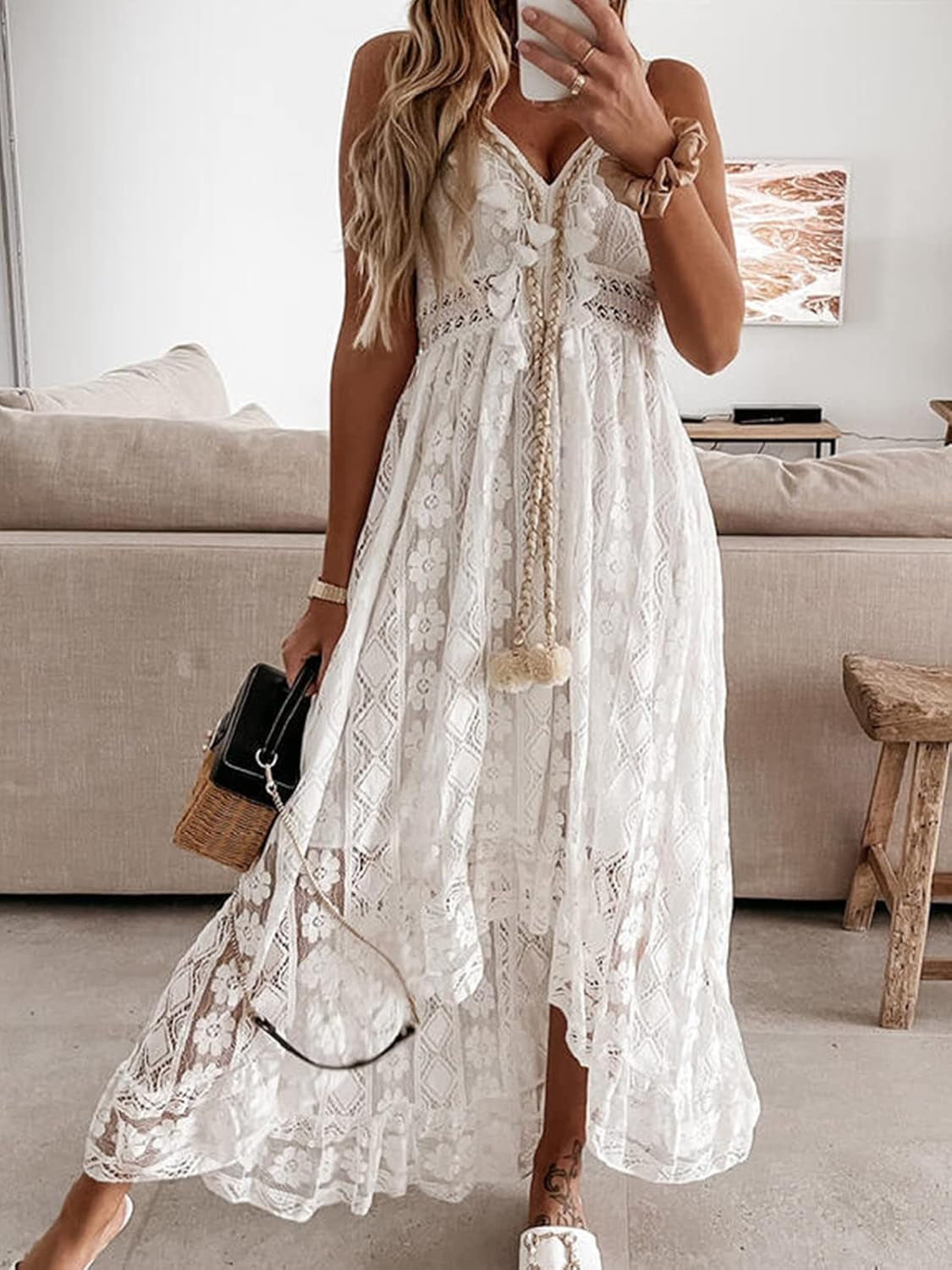 Women'S Summer Dresses Sleeveless Lace Casual Tassel Beach Spaghetti Straps Flowy Maxi Sun Dress