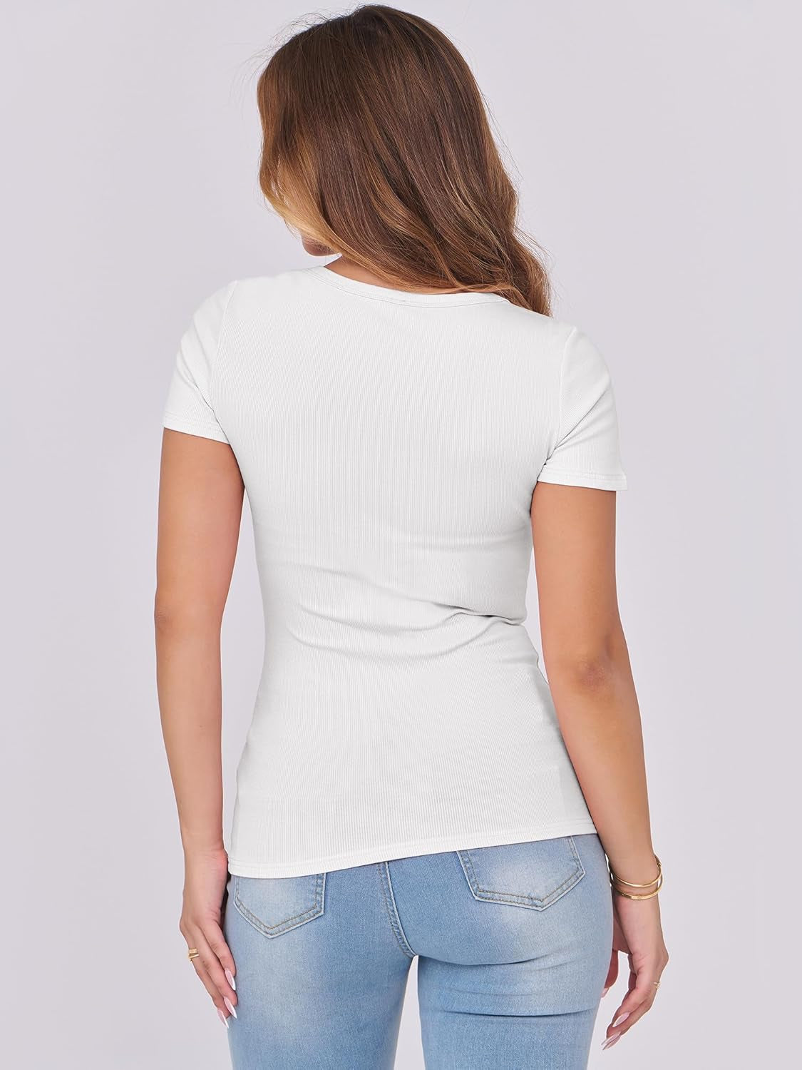 Women Short Sleeve Tops Scoop Neck Ribbed Knit Slim Fitted Basic Tee Shirts 2025 Casual Summer Trendy Clothes