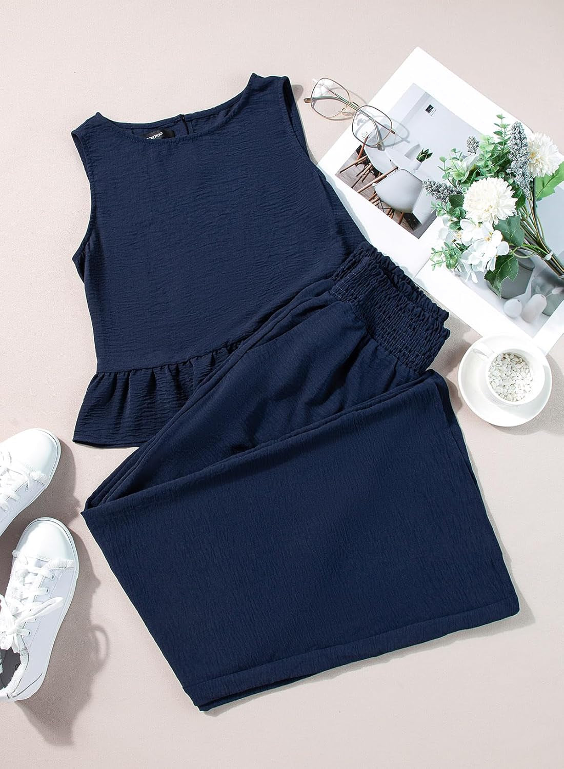 Pants Sets Women 2 Piece Outfits Sleeveless round Neck Tank Tops Matching Sets for Women Elastic Waist Wide Leg