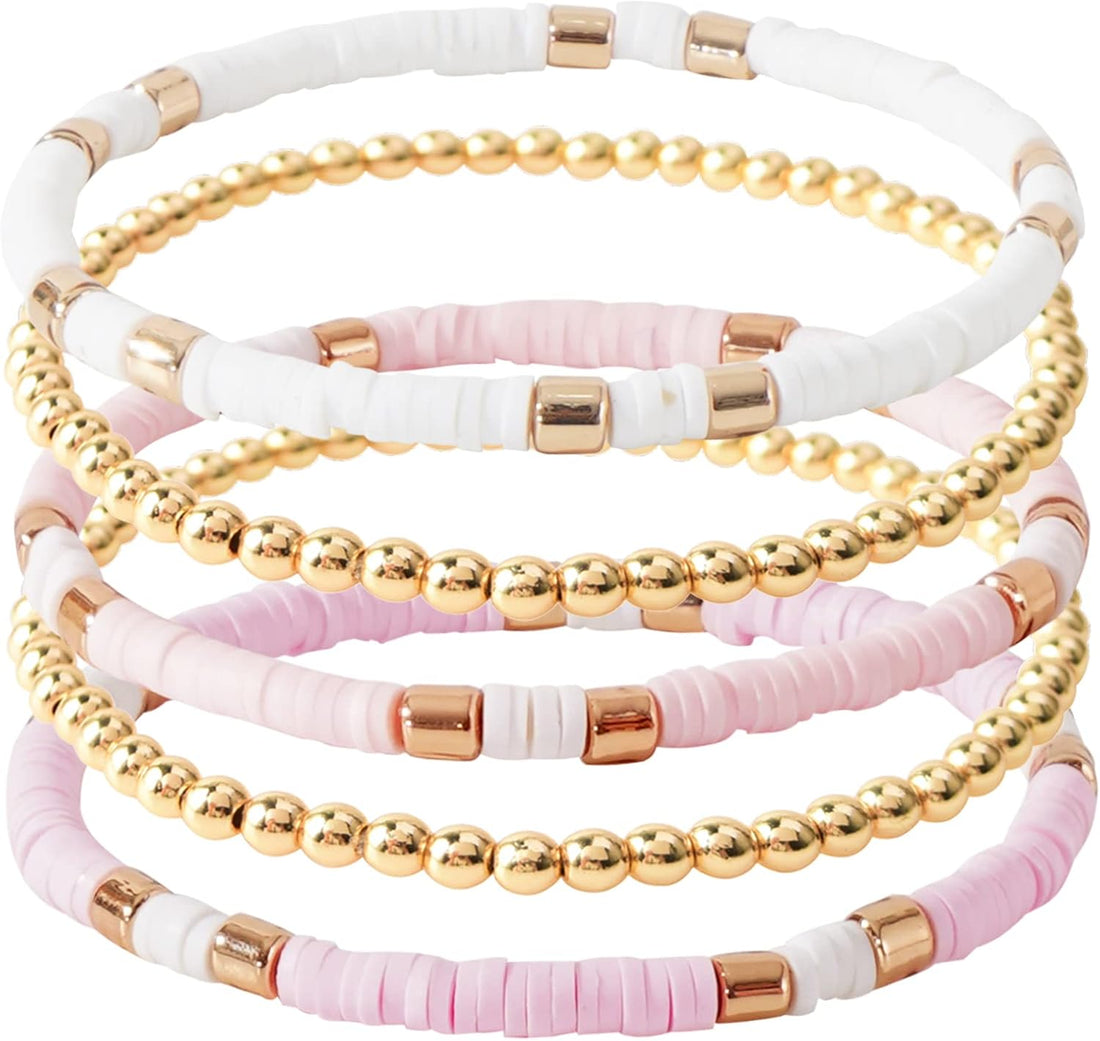 Surfer Heishi Clay Bead Bracelets for Women Bohemian Stackable Gold Beaded Stretch Bracelets Elastic Layering Friendship Bracelets Set Boho Jewelry