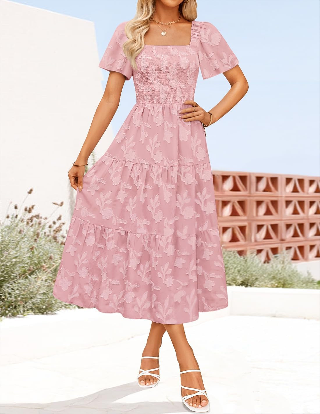 Women‘S Summer Boho Floral Midi Dress 2025 Casual Short Sleeve Square Neck Flowy Beach Vacation Long Dress