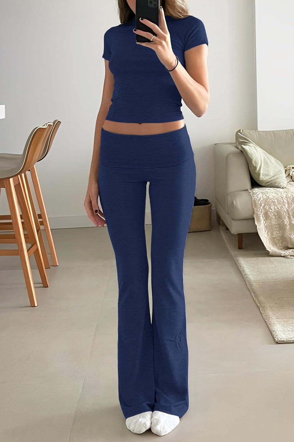 Women'S 2 Piece Lounge Outfits Slim Short Sleeve Tops Low Rise Flare Leggings Sets Yoga Sweatsuit