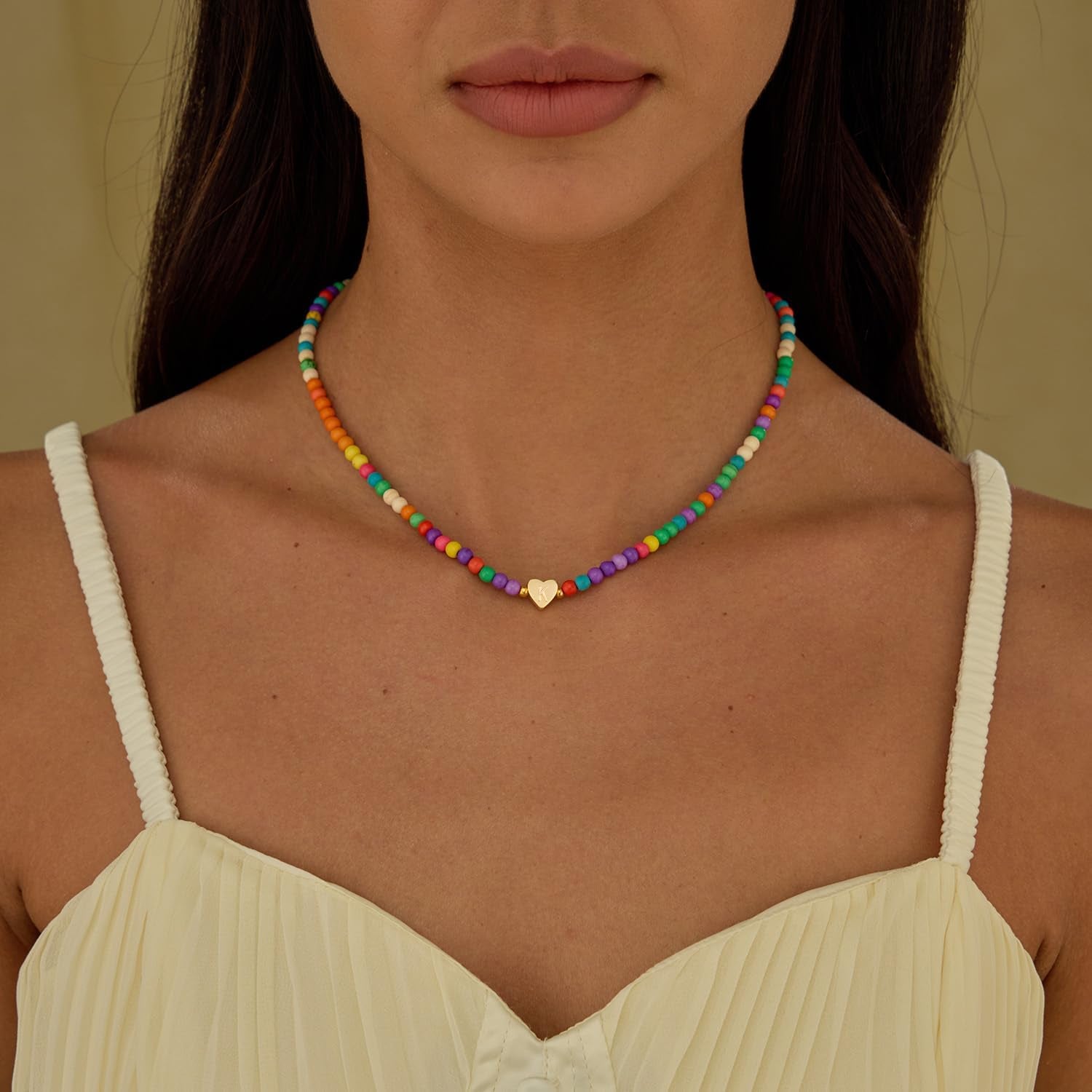 Initial Necklaces for Women Teen Trendy Colorful Beaded Heart Letter Charm Choker Boho Necklace Dainty Personalized Cute Jewelry Gifts