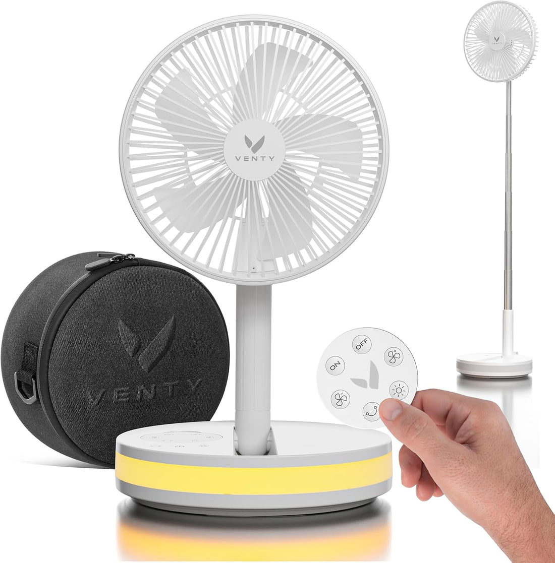 Portable Fan - Wireless Battery Operated Fan - 4 Speeds - LED Lighting - Carry Case & Remote Control - Cruise Travel - Outdoor Travel RV Power Bank with USB-C Port (White with Case)