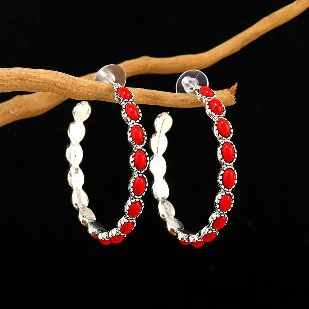 Boho Turquoise Oval Drop Dangle Earrings for Women Beaded Western Flower Teardrop Earrings Vintage Ethnic Alloy Pendant Jewelry Gift