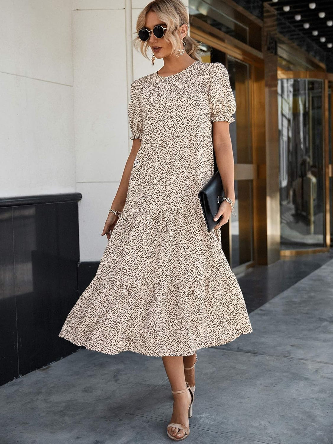 Summer Dresses for Women 2025 Casual Floral Boho Midi Sun Dress Puff Short Sleeve Flowy Beach Vacation Sundress