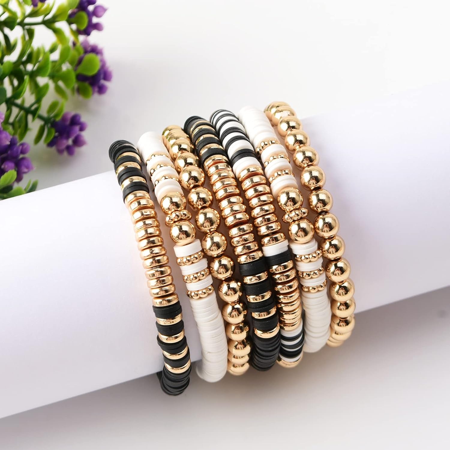 Surfer Heishi Clay Bead Bracelets for Women Bohemian Stackable Gold Beaded Stretch Bracelets Elastic Layering Friendship Bracelets Set Boho Jewelry