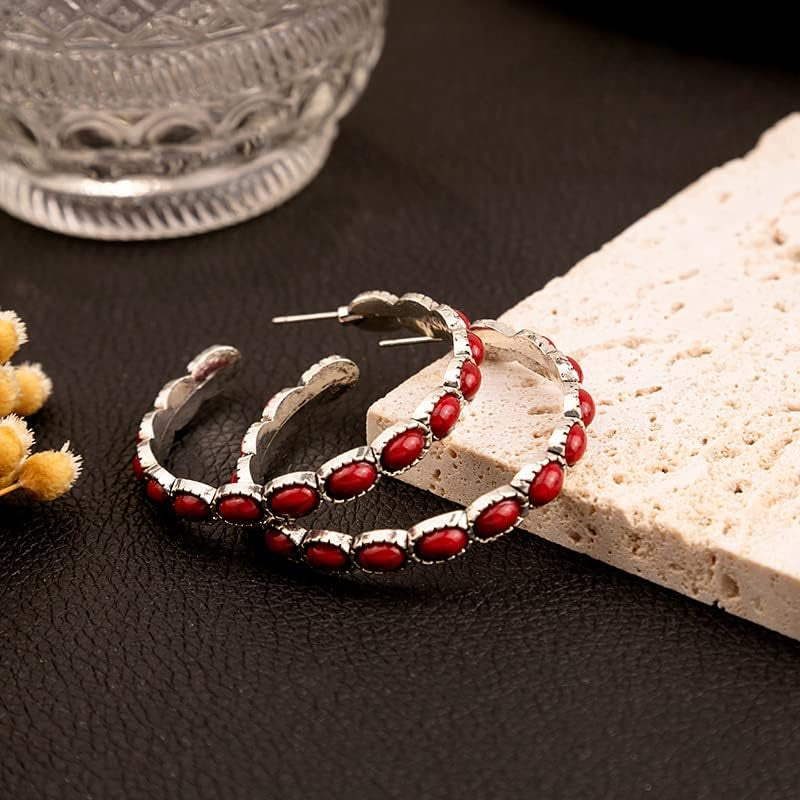 Boho Turquoise Oval Drop Dangle Earrings for Women Beaded Western Flower Teardrop Earrings Vintage Ethnic Alloy Pendant Jewelry Gift