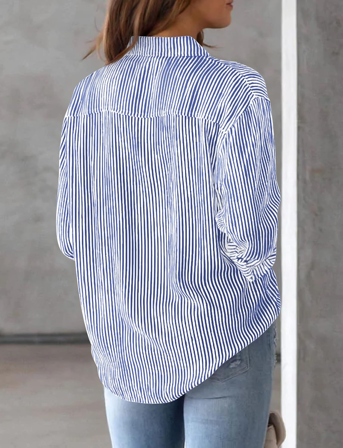 Womens Button down Shirts Striped Classic Long Sleeve Collared Office Work Blouses Tops with Pocket