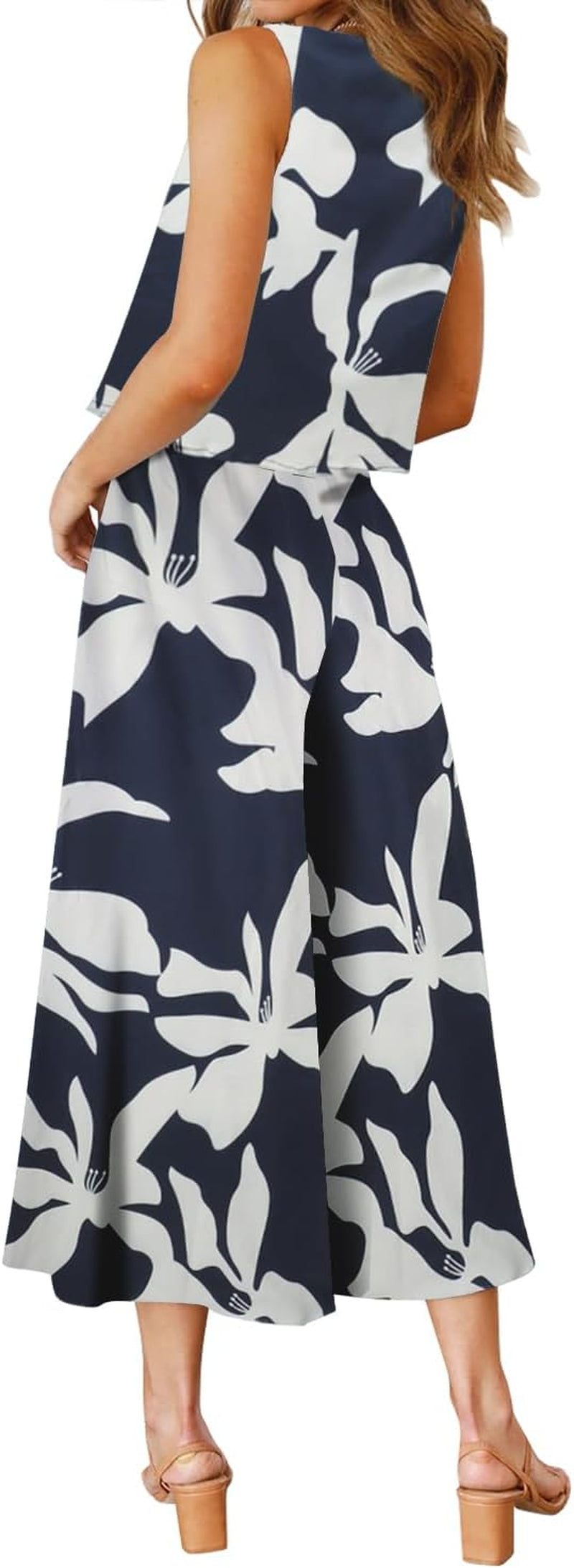 Women'S Summer 2 Piece Outfits round Neck Crop Basic Top Cropped Wide Leg Pants Set Jumpsuits
