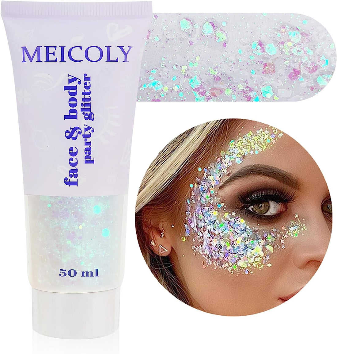 Clear White Body Glitter,Mardi Gras Face Glitter Makeup for Kids Women,Face Glitter for Running,Sparkly Chunky Hair Glitter,Singer Concert Festival Rave Accessories,Mermaid Glitter Face Paint