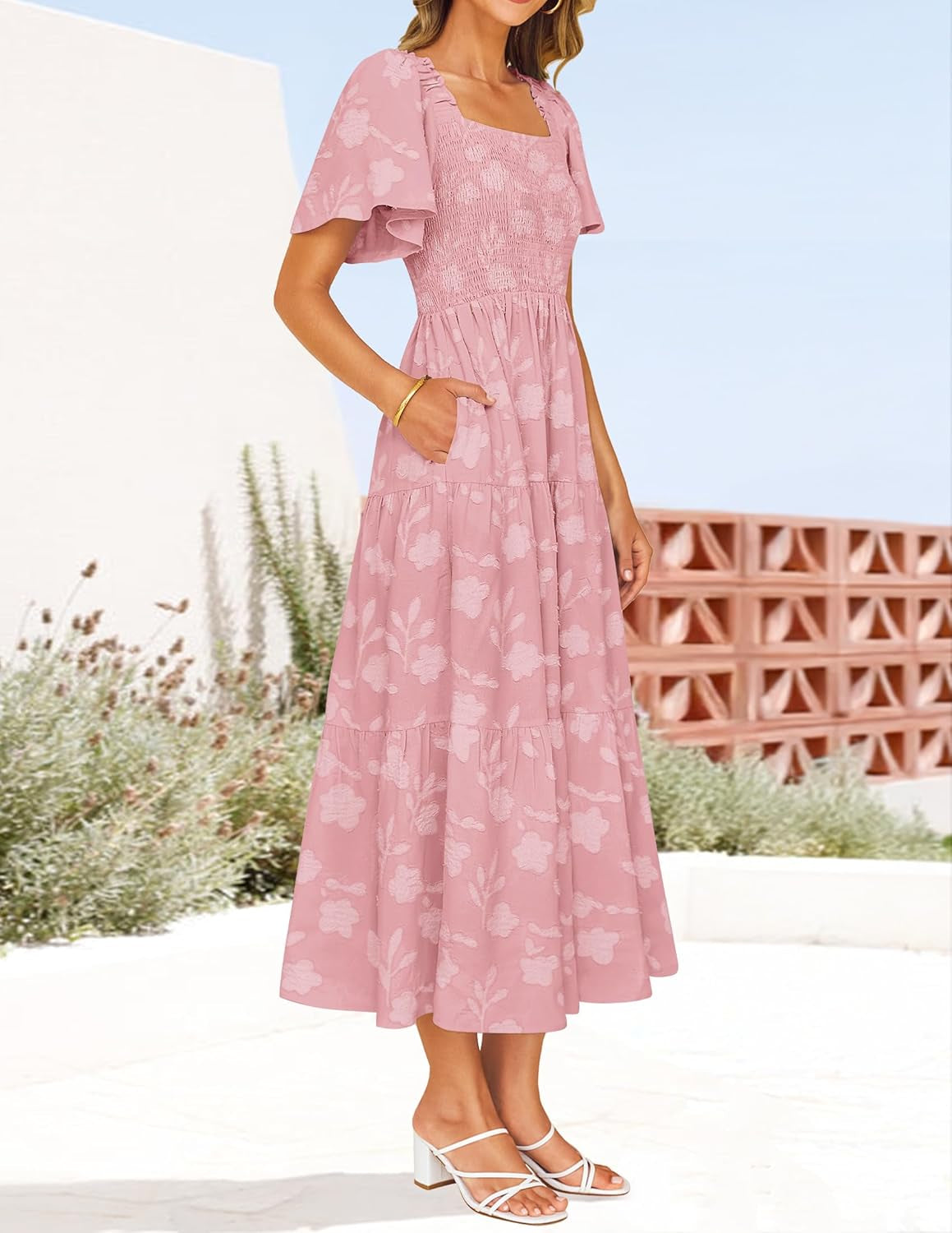 Women‘S Summer Boho Floral Midi Dress 2025 Casual Short Sleeve Square Neck Flowy Beach Vacation Long Dress