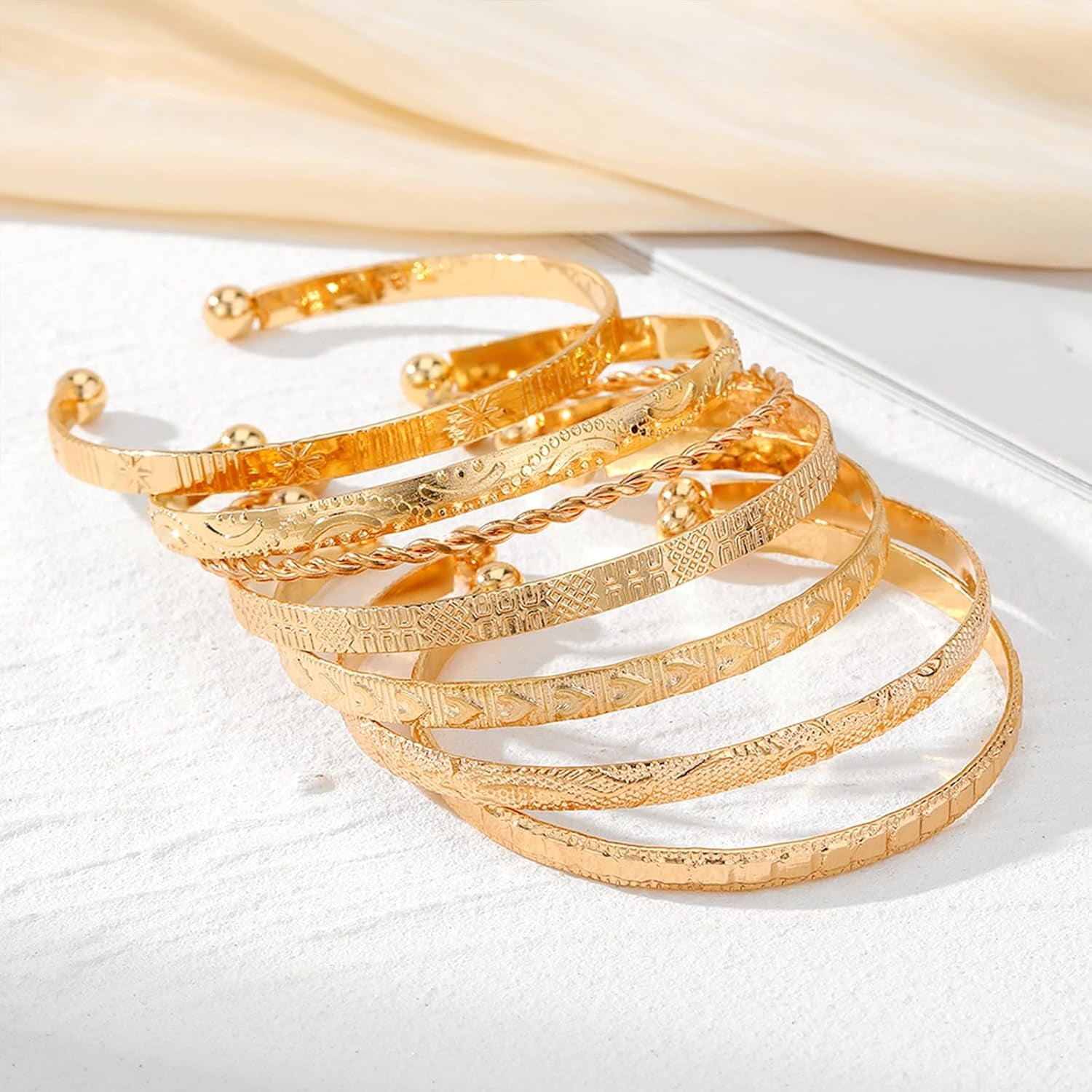 Gold Bangle Bracelets for Women, 14K Gold Plated Multi Layer Stackable Cuff Bracelet Set, Trendy Elegance Charms Non Tarnish Minimalist Textured Boho Jewelry Gift for Women