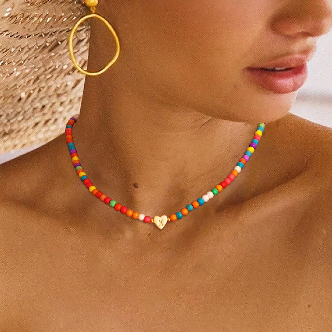 Initial Necklaces for Women Teen Trendy Colorful Beaded Heart Letter Charm Choker Boho Necklace Dainty Personalized Cute Jewelry Gifts