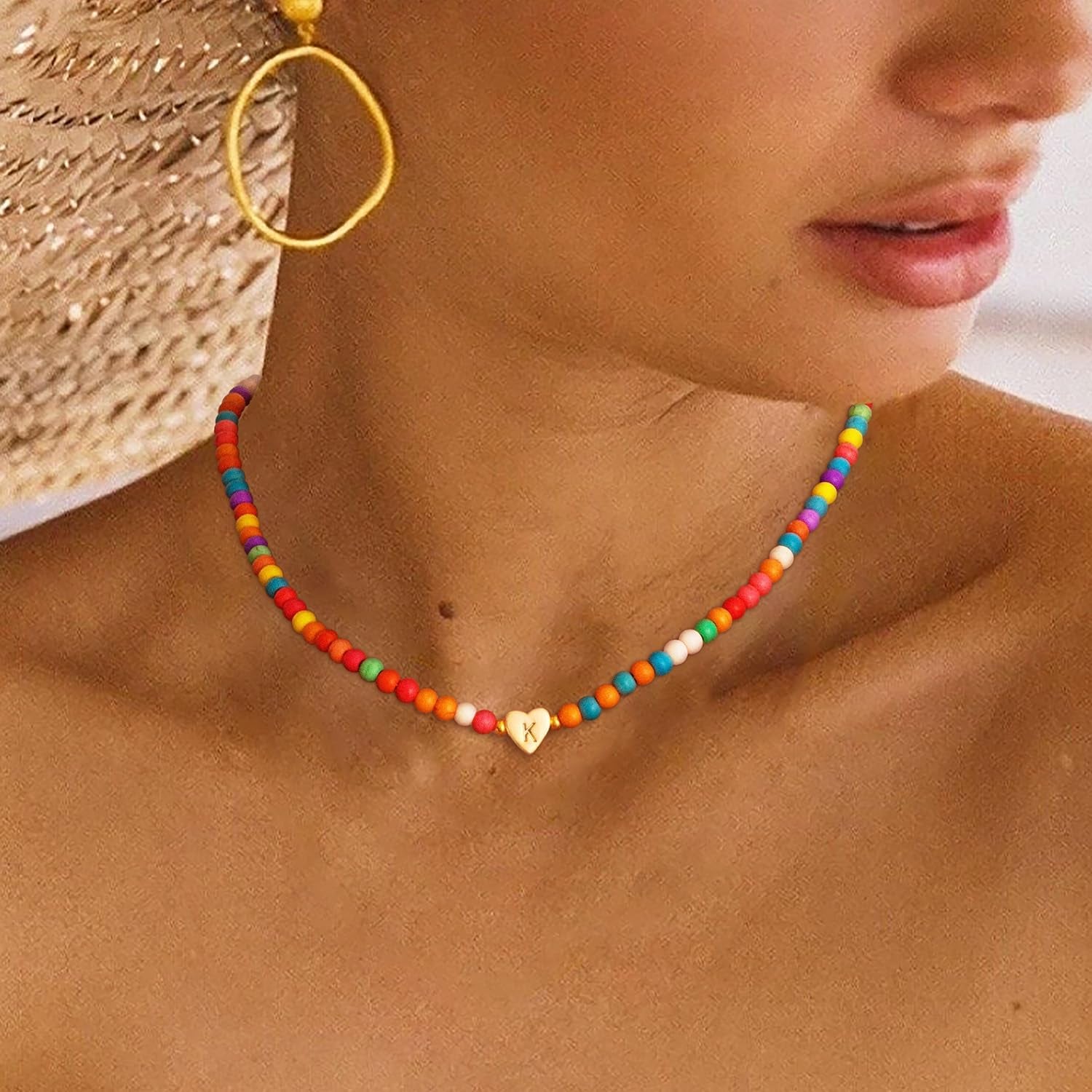Initial Necklaces for Women Teen Trendy Colorful Beaded Heart Letter Charm Choker Boho Necklace Dainty Personalized Cute Jewelry Gifts