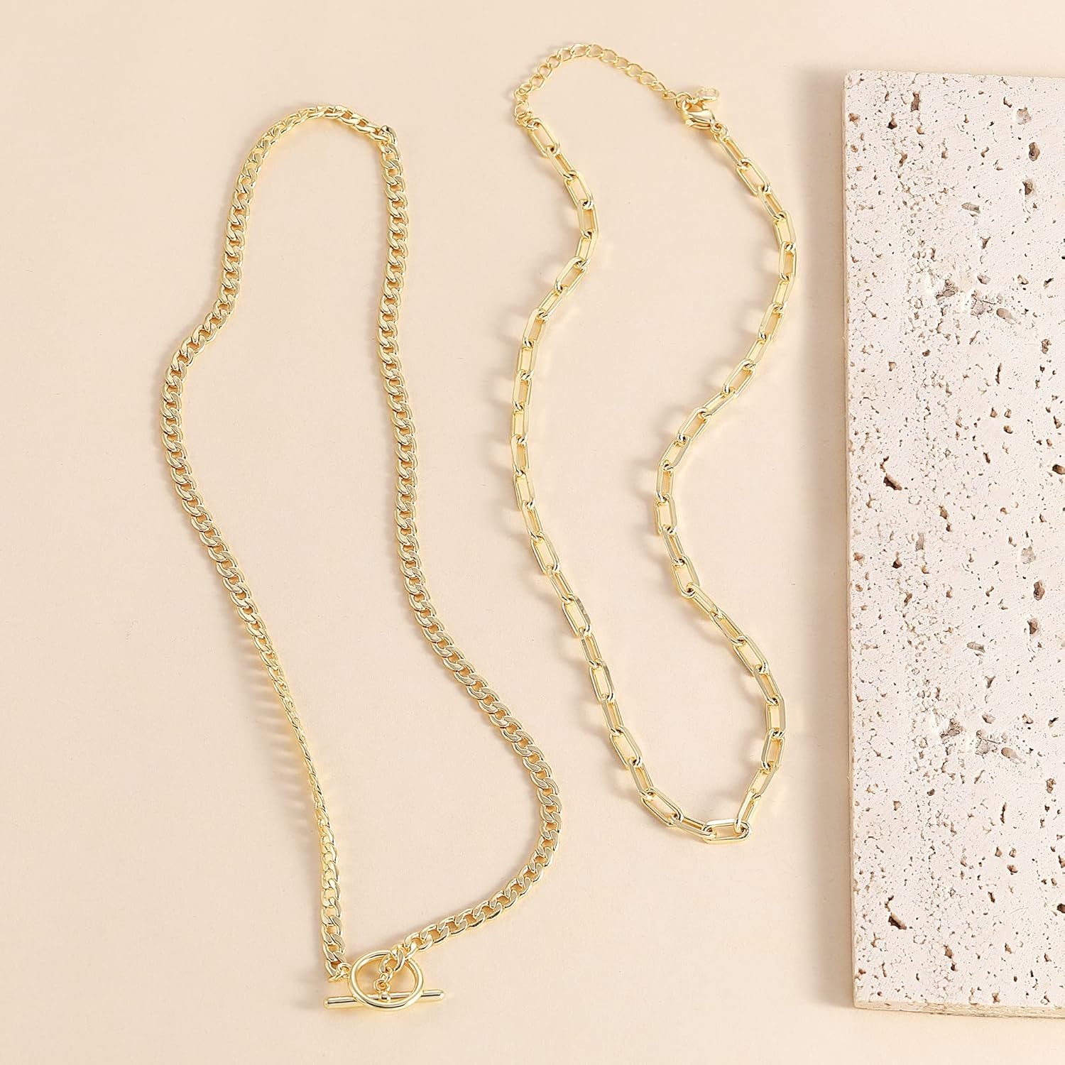 Gold Layered Necklaces for Women, 14K Dainty Gold Chain Necklace Women Trendy Cuban Link Paperclip Chain Toggle Clasp Necklace Fashion Chunky Jewelry for Women