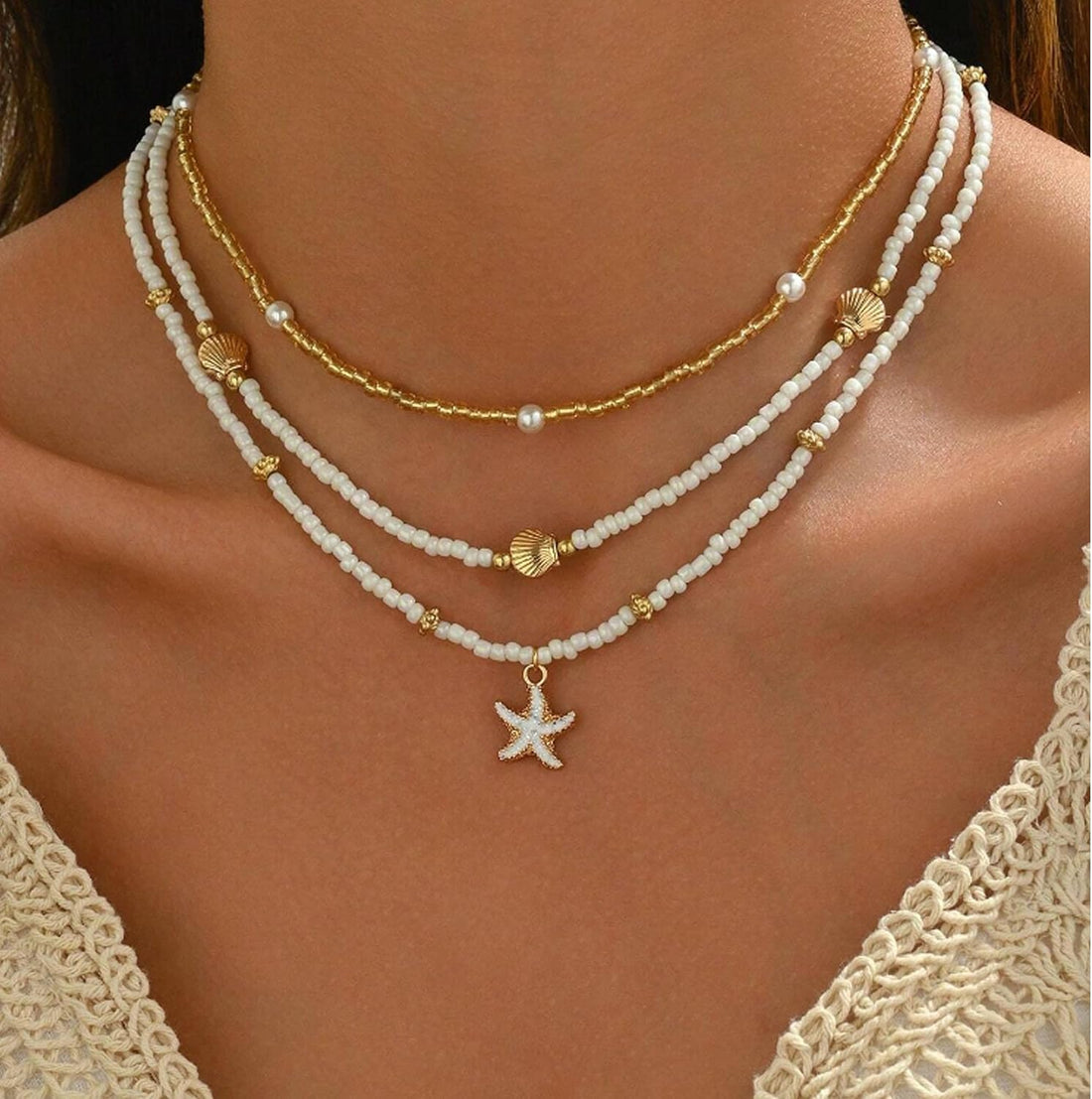 Gold Starfish Necklace Summer Beach Jewelry for Women Layered Ocean Pearl Beaded Necklace Summer Outfits Beach Surfer Jewelry Gifts for Women
