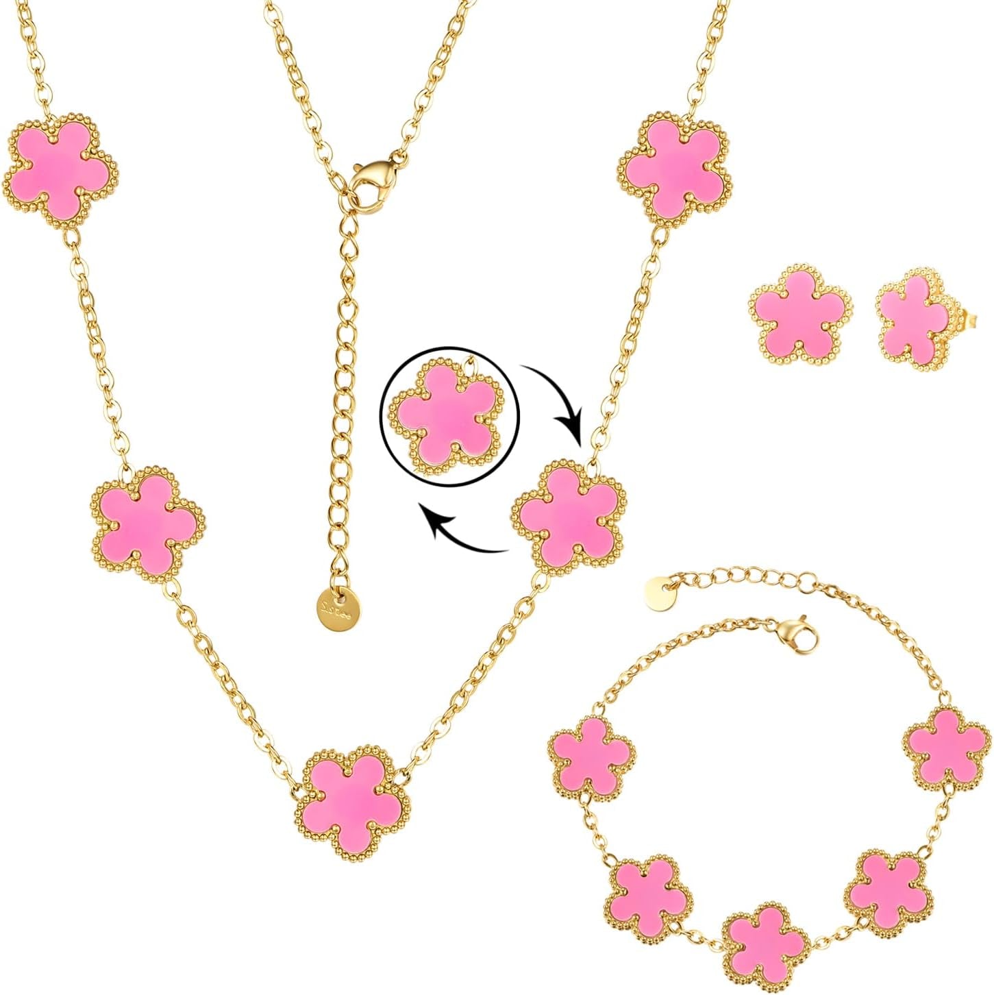 Clover Neckalce Bracelet Earring Set for Women 14K Gold Plated Stainless Steel Four Leaf Clover Jewelry Set