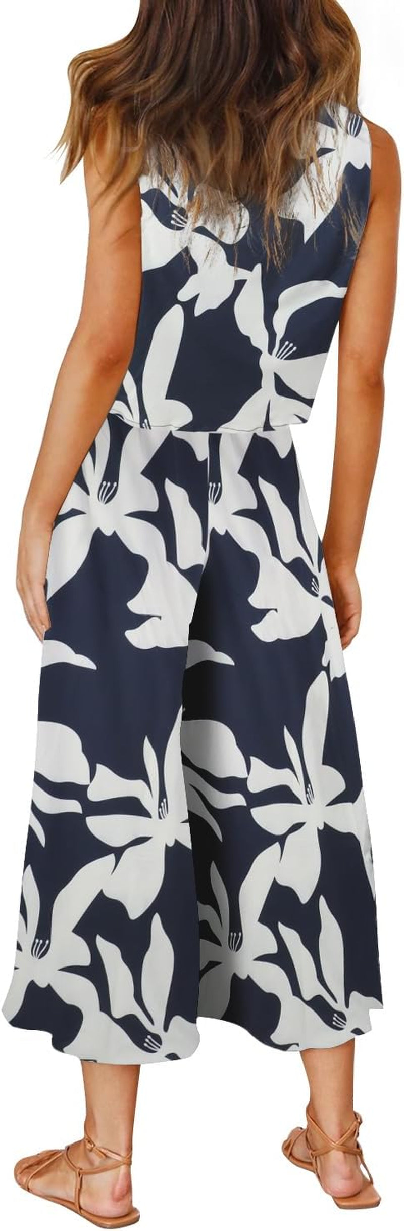 Women'S Summer 2 Piece Outfits round Neck Crop Basic Top Cropped Wide Leg Pants Set Jumpsuits