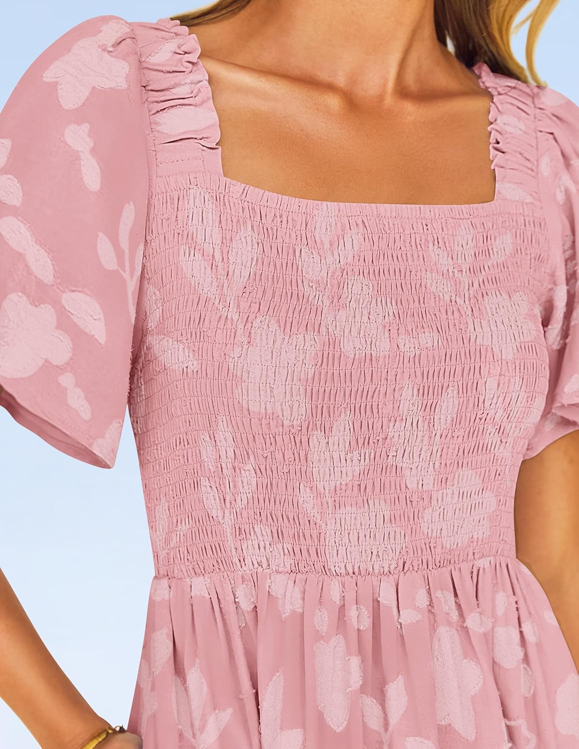 Women‘S Summer Boho Floral Midi Dress 2025 Casual Short Sleeve Square Neck Flowy Beach Vacation Long Dress
