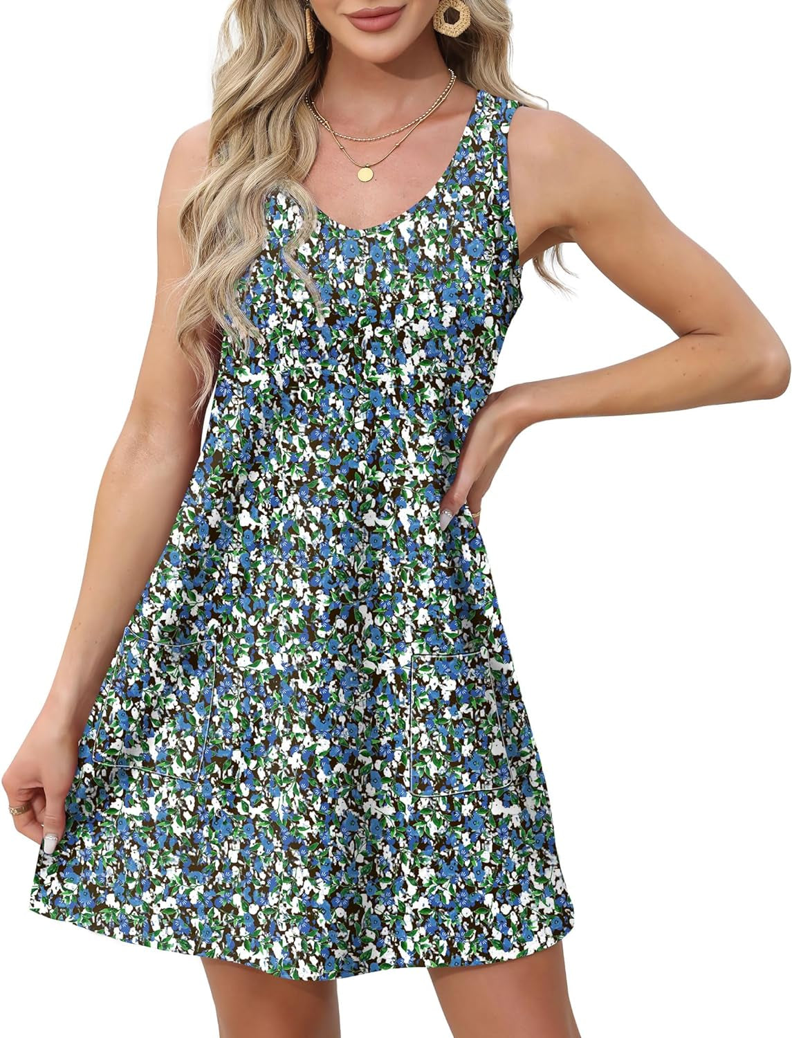 Womens Summer Dresses 2025 Loose V Neck Sleeveless Sundresses Swimsuit Coverup with Pockets Floral/Plain/Eyelet