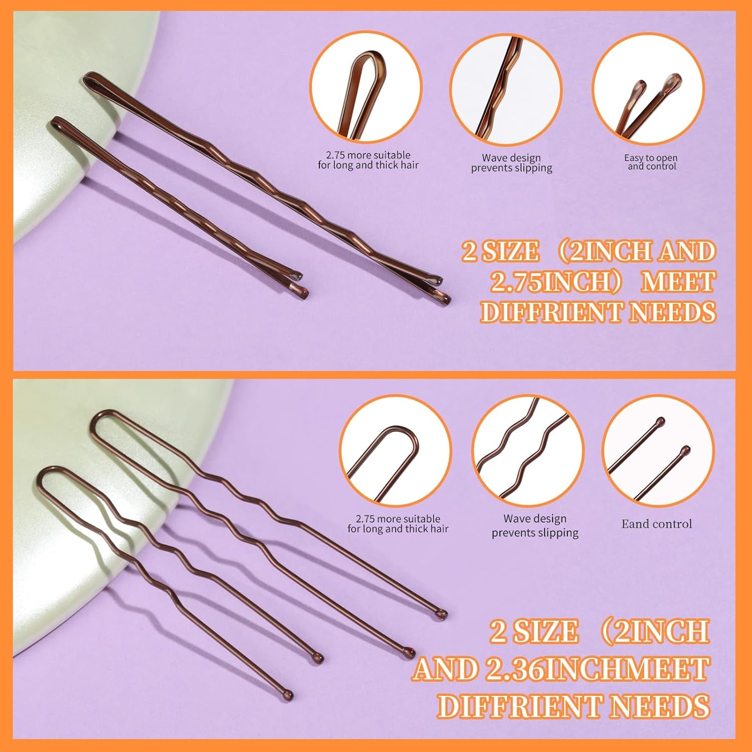 300Pcs Bobby Pins Hair Pins Kit - 100 Brown, 100 U Shape, 100 Hair Bands - 2Inch, 2.36Inch, 2.75Inch Pins for Women'S Buns