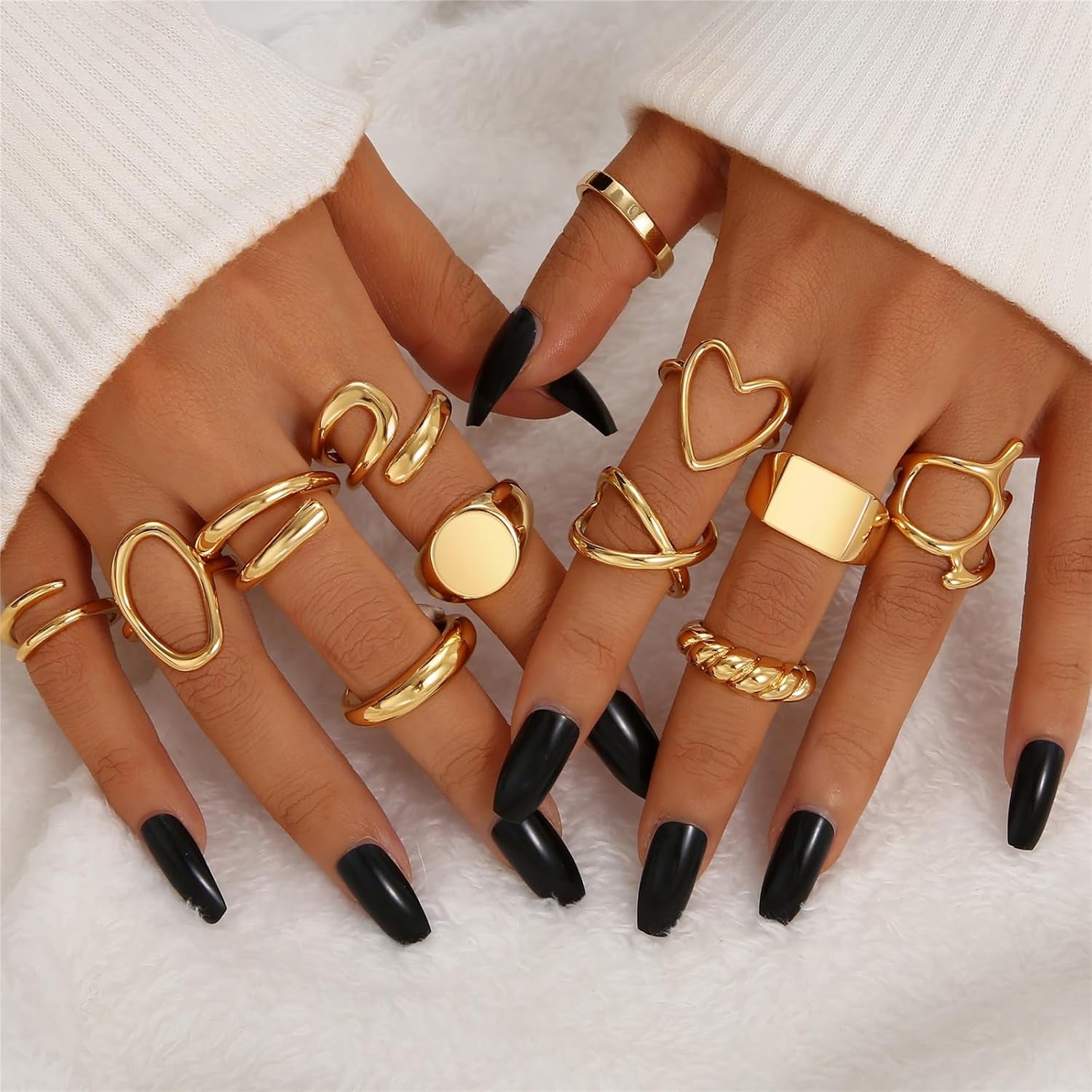 12PCS Gold Stackable Rings Set for Women, 18K Gold Plated Open Stacking Knuckle Ring, Adjustable Chunky Signet Band Statement Ring for Gift