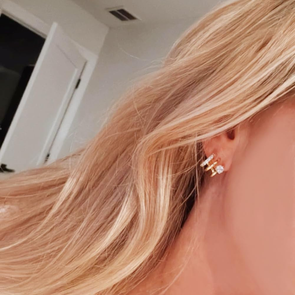 14K Gold Plated Triple Huggie Illusion Stud Earrings | Double Huggie Hoop Earrings for One Hole | Gold Hoop Earrings for Women | Drop Earrings